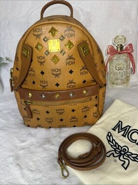 MCM Cognac Visetos Monogram Studded 2- Way Backpack Removable Pouch and Strap